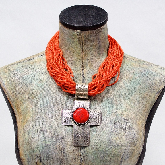 VTG 90's Large Beaded Silver Brass Cross Necklace - Picture 2 of 4